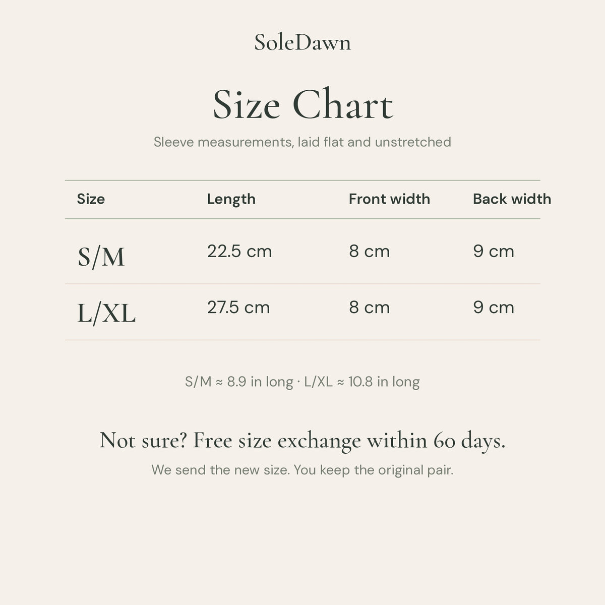 SoleDawn size chart: S/M is 22.5 cm long and L/XL is 27.5 cm long, both 8 cm front width and 9 cm back width