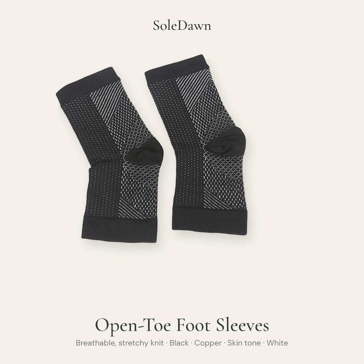 A pair of black SoleDawn open-toe foot sleeves in a breathable, stretchy knit on a soft linen background