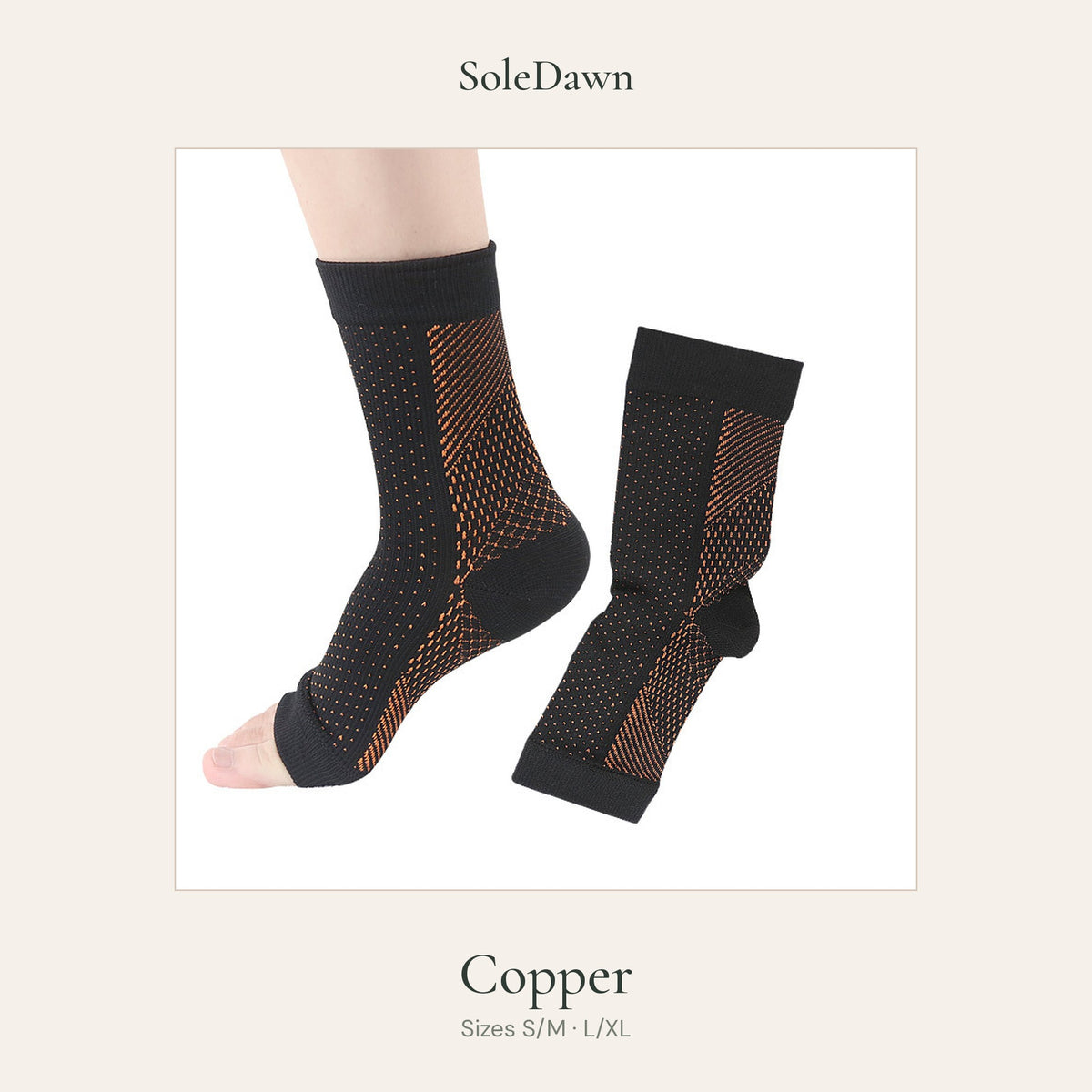 SoleDawn open-toe foot sleeves in Copper, black knit with copper-toned accents, shown on foot (color may vary slightly)