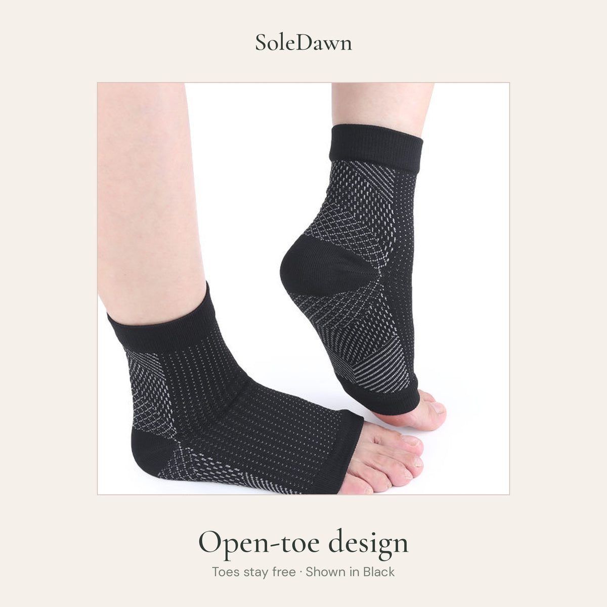 Close-up of the open-toe end of a black SoleDawn sleeve, with toes free