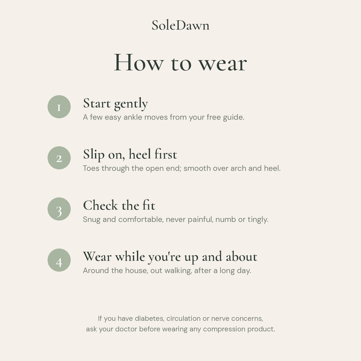 How to wear SoleDawn sleeves in four steps: start gently, slip on, check the fit, wear while up and about