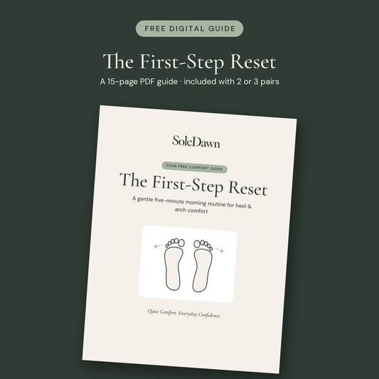 Cover of The First-Step Reset, a free 15-page SoleDawn PDF guide to a gentle morning heel and arch routine