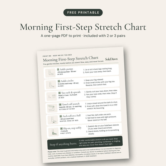 SoleDawn Morning First-Step Stretch Chart, a free one-page printable PDF with six gentle morning stretches